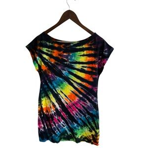 Liquid Blue Rainbow Black Streak Multicolor Tie-Dye Short Sleeve Sundress